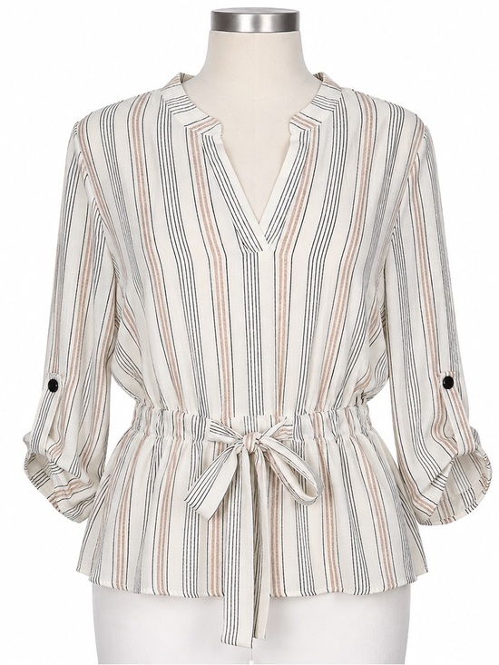 Sweet Rain Tops - Sweet Rain Striped Peplum Blouse Size Large Drawstring Waist Boho
